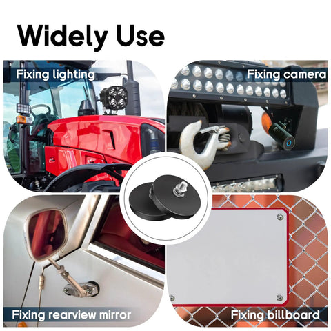 Eight rubber-coated M5 magnets with threaded studs, 30LBS pull, for mounting light bars, cameras, and rearview mirrors.