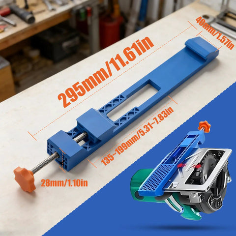 Pro Grade Adjustable Cutting Machine Base Guide With Innovative Circular Saw Clamp for precise wood cutting, dimensions shown