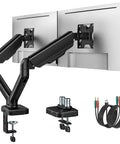 Heavy Duty Dual Monitor Arm Stand With Integrated USB Charging Ports Fits 17 To 32 Inch Screens Up To Nineteen Point Eight Pounds, black design.