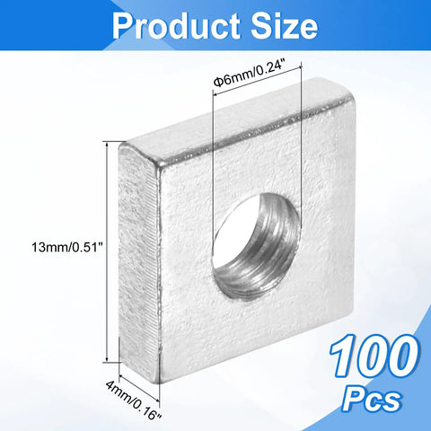 One Hundred M6 Square Nuts Built Tough From Quality Carbon Steel With Zinc Plating For Zero Hassle Fixes And Rock Solid Mounts, showing dimensions.
