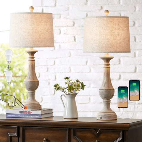 Farmhouse 3 Way Dimmable Touch Table Lamps Set of 2 with USB Ports for Nightstand Living Room and Bedroom in rustic setting