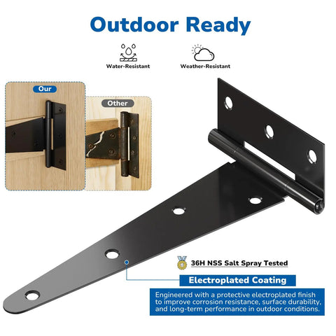 Heavy Duty 8 Inch T Strap Hinge Pack Of 6 For Wood Doors And Gates Ideal For Outdoor Sheds Barns And Fences Tee Hinge Black Screws Included For Easy Installation Durable Steel Construction Smooth 270 Degree Swing, black weather-resistant hinge