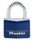 Front view of Blue Vinyl Covered Aluminum Keyed Padlock for Indoor Outdoor Use with hardened steel shackle and dual locking lever.