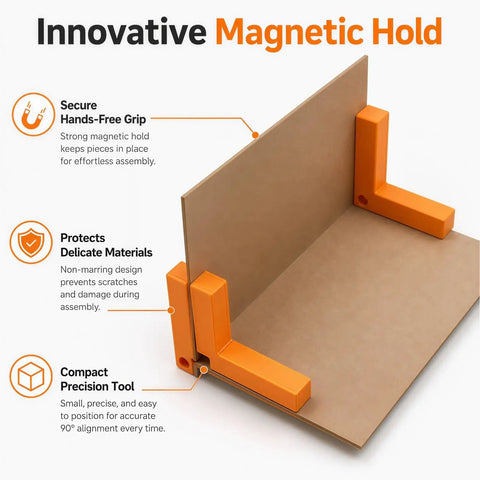 Magnetic Right Angle Clamps For Miniatures And Dioramas, Pro Grade Tool For 90 Degree Corners In Model Railroading And Architectural Modeling, Built For Hobbyists Who Demand Realistic, Flawless Corners. Orange magnetic right-angle clamp holding cardboard at 90 degrees