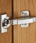 Full Overlay Cabinet Hinges 110 Degree Soft Close BLUMOTION Clip Top Frameless Pair with 0mm clip plates installed on wood cabinet