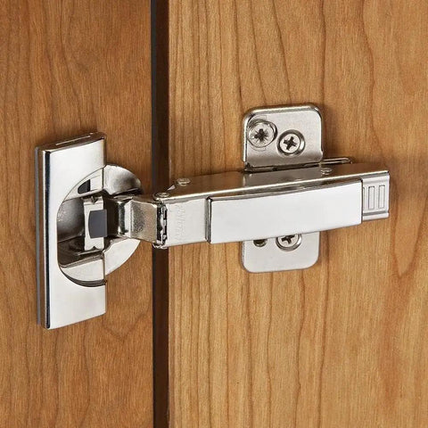Full Overlay Cabinet Hinges 110 Degree Soft Close BLUMOTION Clip Top Frameless Pair with 0mm clip plates installed on wood cabinet