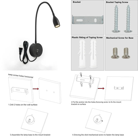 Assembly and components of Dimmable LED Wall Reading Light With USB Charging Port For Late Night Reading And Work Gooseneck