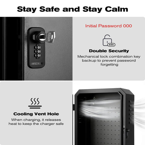 Heavy Duty Ev Charger Lock Box And Outdoor Wall Enclosure With Ip65 All Season Weatherproof Steel Case, combo lock and vent detail.