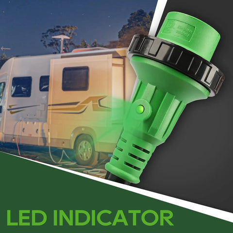 Close-up of 15 Amp To 30 Amp RV Adapter Cord With Locking NEMA L5-30R To NEMA 5-15P, LED power indicator, against RV background.