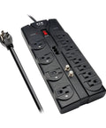 Home Theater Surge Protector Power Strip With 12 Outlets 2160 Joules 8 Ft Flat Plug Cord and 6 Ft RJ11 Coax Cable