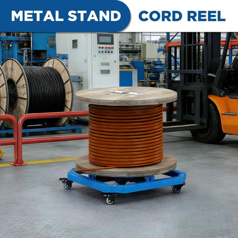 Rugged Heavy-Duty 1000 Lb Cable Reel Turntable With Portable Wire Spool Rack lockable wheels in industrial setting