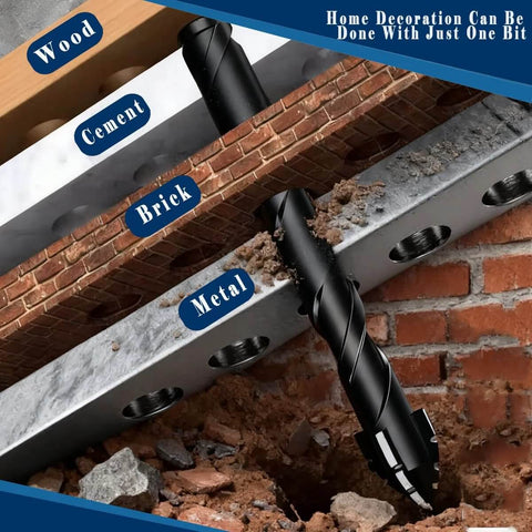 Larouoba 10pc black 1/4in serrated eccentric masonry drill bit set drilling into brick and cement