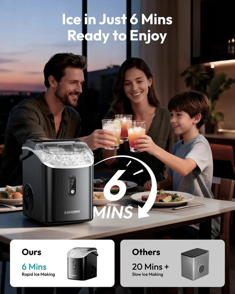 Family enjoying drinks with Countertop Nugget Ice Maker With Handle Ready In About 6 Minutes Produces Up To 35 Lbs Per Day