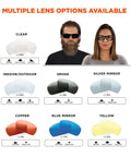 Multiple lens options for Skullerz Odin Safety Glasses: clear, indoor/outdoor, smoke, silver mirror, copper, blue mirror, yellow.