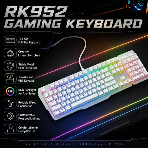 Premium Wired Mechanical Gaming Keyboard With Solid Aluminum Top Plate And Responsive Full Layout Design Built For Gamers Who Want A Tight Desktop Setup That Actually Slaps, showcasing RGB backlight and PBT keycaps.