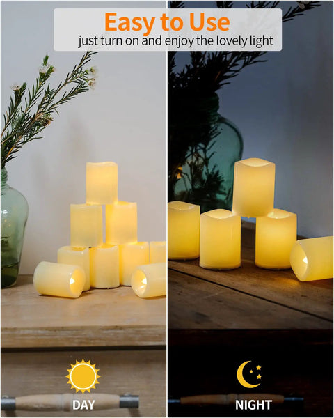 Flameless Votive Candles Set 2 Inch 24 Pack Battery Operated LED With Realistic Flicker Warm White Displayed Day and Night