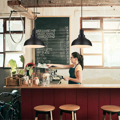 Top Shelf Vintage Industrial Pendant Light Black Metal Farmhouse Ceiling Fixture 11.4 Inch Wide over a coffee bar.