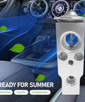 Universal Car Expansion Valve For Air Conditioning System, Heavy Duty Metal Valve, Silver, shown in car interior setting