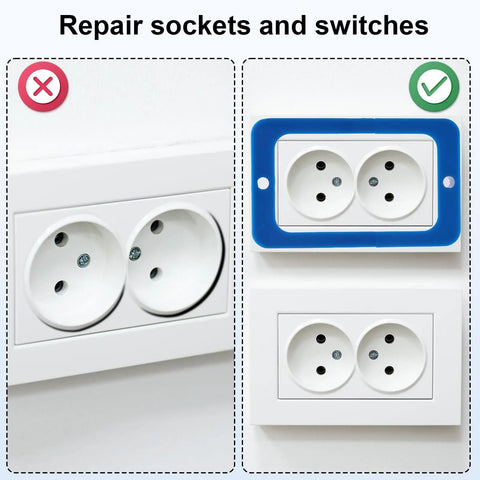 Half Inch Electrical Box Extenders For Single Gang Switches And Receptacles With Screws No Brainer Install For Universal Fit For PVC Metal And Fiberglass Boxes Blue Durable ABS Construction For Easy Install And Flush Look showing before and after repair comparison
