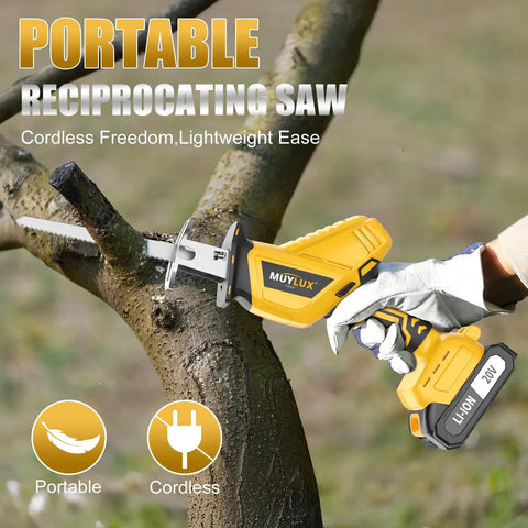 Cordless Reciprocating Saw With 20V Battery And Charger Variable Speed 0 to 3500 SPM Tool Free Blade Cutting a Tree Branch