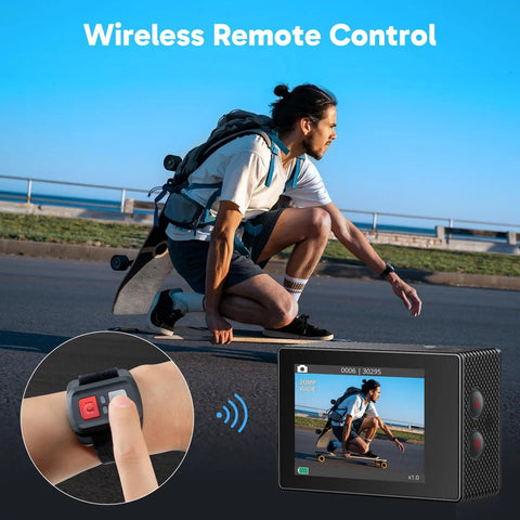 4K Action Camera With 20MP Photos, WiFi, EIS Stabilization, 131ft Waterproof, Remote Control view of skateboarder on camera screen