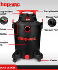 Heavy Duty 10 Gallon Wet Dry Vacuum With 4.5 Peak HP Motor And Three In One Cleaning, Includes 7 Foot Hose And 15 Foot Cord