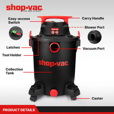 Heavy Duty 10 Gallon Wet Dry Vacuum With 4.5 Peak HP Motor And Three In One Cleaning, Includes 7 Foot Hose And 15 Foot Cord