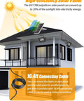Diagram of a house showing Solar Flood Light Outdoor 1000LM Dual 6000K Ultra Bright White Waterproof IP65 with solar panel on roof.