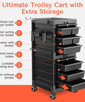 Lockable Salon Trolley With Six Drawer Rolling Beauty Cart And Tool Holders, Boss Grade Mobile Hair Stylist Station, Black Finish