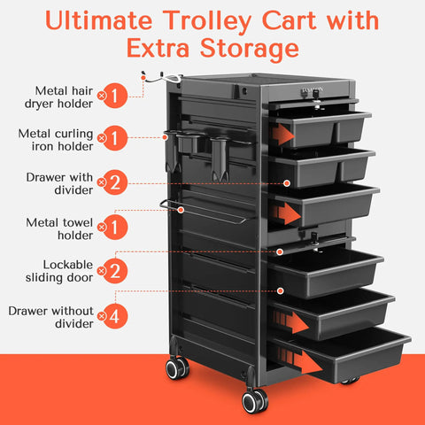 Lockable Salon Trolley With Six Drawer Rolling Beauty Cart And Tool Holders, Boss Grade Mobile Hair Stylist Station, Black Finish