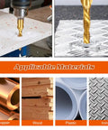 Pro Grade Titanium Drill Tap Set 13Pc HSS SAE And Metric Bits in use on wood and metal surfaces with applicable materials shown.