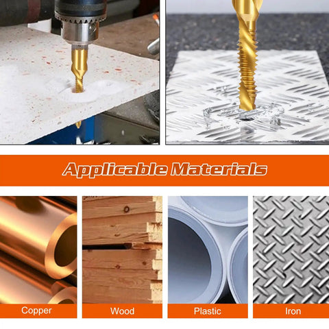 Pro Grade Titanium Drill Tap Set 13Pc HSS SAE And Metric Bits in use on wood and metal surfaces with applicable materials shown.