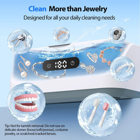 Ultrasonic Jewelry Cleaner 24W With 48kHz High Frequency Waves Digital Timer cleaning jewelry, glasses, dentures, and retainers.