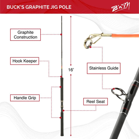 Graphite Jig Pole 16 Foot Three Sections Ultralight Durable Pole With DynaFlo Guides for Ice Fishing and Jigging High Performance