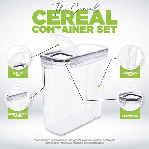 4 Pack Cereal Storage Containers, 4L Airtight Food Jars With Lids, BPA-Free Clear Canisters with ergonomic grip and silicon seal.