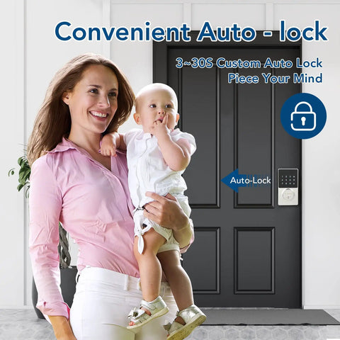 Woman holding baby next to front door with Touchscreen Keypad Smart Deadbolt With Wi Fi And Bluetooth, Keyless Entry And Remote Control
