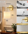 Zero Drilling Required, Battery Operated Wall Sconces Set Of Two With Remote, Brushed Gold Wireless Hanging Lamps with fabric shade and dimensions visible.
