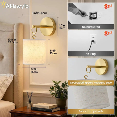 Zero Drilling Required, Battery Operated Wall Sconces Set Of Two With Remote, Brushed Gold Wireless Hanging Lamps with fabric shade and dimensions visible.