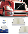 Cabin Air Filter For Volvo VNL Trucks 2002 And Up Two Pack Direct Replacement shown with red truck and packaging
