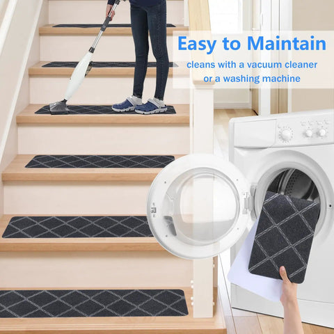 Indoor Stair Treads 15 Pack for Wooden Steps Non Slip Carpet Treads Gray Plaid shown on stairs with washing machine