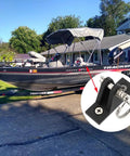 Boat with arrow pointing to 2 Pack Marine Grade Nylon Bimini Top 90 Degree Plastic Deck Hinge With Pin And Ring 316 Stainless Steel Free Installation Screws Included Premium Boat Hardware For No Fuss Easy Setup And Built To Last Corrosion Resistant Performance.