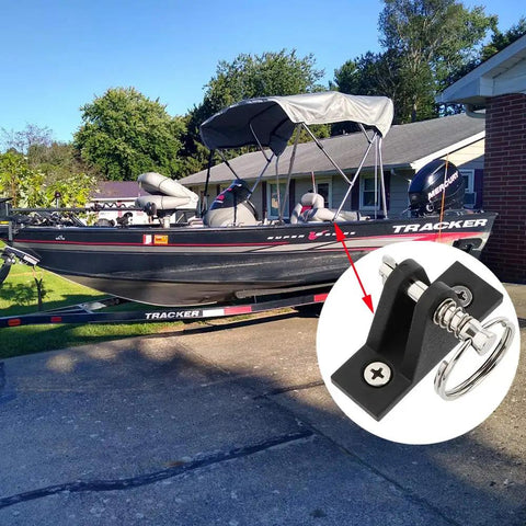 Boat with arrow pointing to 2 Pack Marine Grade Nylon Bimini Top 90 Degree Plastic Deck Hinge With Pin And Ring 316 Stainless Steel Free Installation Screws Included Premium Boat Hardware For No Fuss Easy Setup And Built To Last Corrosion Resistant Performance.