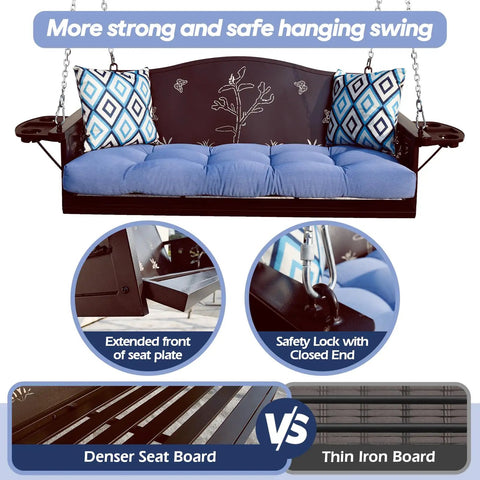Three Seat Metal Porch Swing With 900 Lbs Capacity Heavy Duty Hanging Bench Upgraded Tray And Cushions Rust Resistant Finish