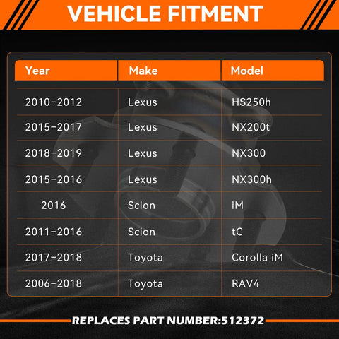 Vehicle fitment chart for Rear Wheel Bearing Hub Assembly 5 Lug With ABS Compatible With Toyota Corolla Im RAV4 Scion Tc NX NX300 NX300h And Lexus HS250h Replacement 512372 Left Or Right Solid Fit For Everyday Rides.