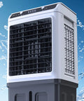 Industrial Portable Evaporative Swamp Cooler With Mobile Water Mist Setup side view with water splash background.