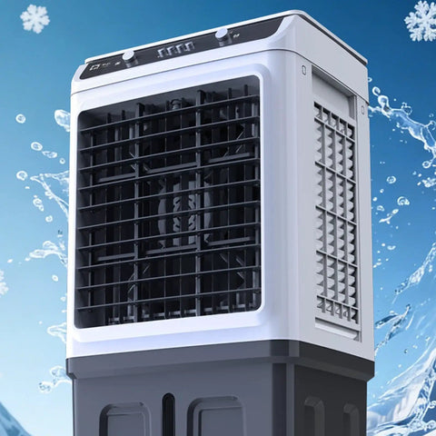 Industrial Portable Evaporative Swamp Cooler With Mobile Water Mist Setup side view with water splash background.