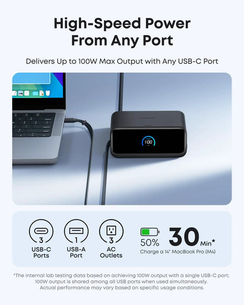 Close-up of 7 In 1 Desk Charging Station With 100W USB C Power Hub connecting to laptop, showing power output on display.