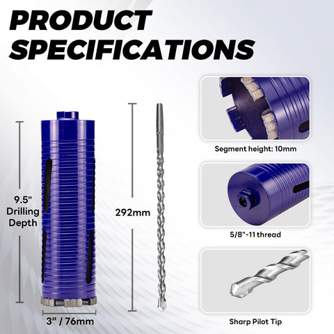 3 Inch Diamond Core Drill Bit Kit With Pilot Bit And Adapters for SDS Plus and One Half Inch Hex Five Eighths Inch Thread