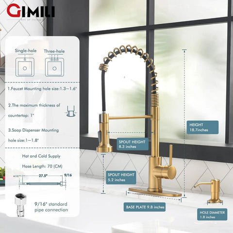 Brushed Gold Kitchen Faucet With Soap Dispenser, Single-Handle Spring Pull-Out And Pull-Down Sprayer, SUS 304 Steel Dimensions