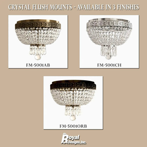 Three crystal flush mounts in antique brass, chrome, and oil-rubbed bronze finishes with sparkling crystal details, model FM-5001.